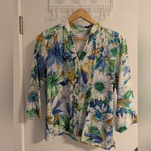 Alfred Dunner Blue Green Floral Blouse 100% Cotton